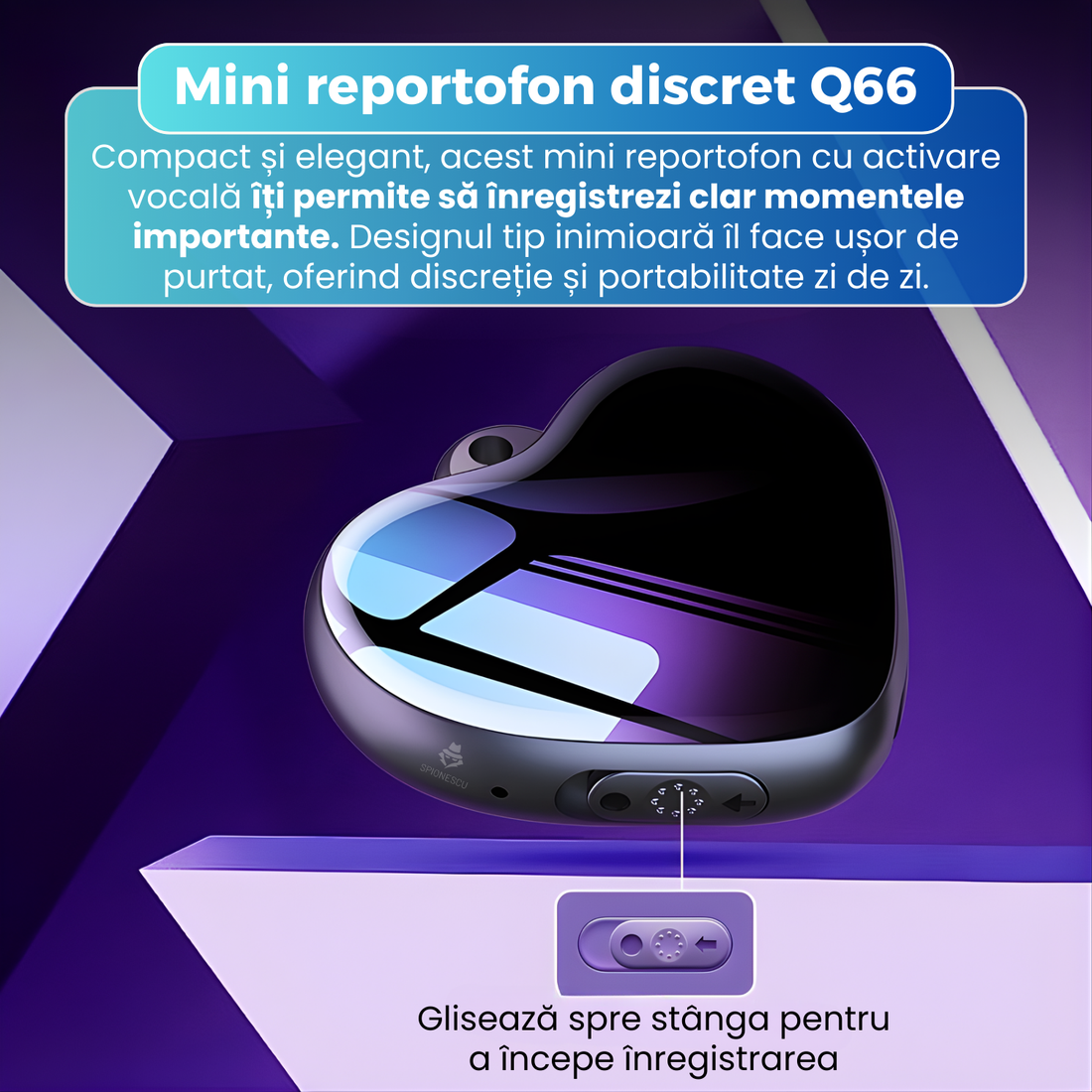 Mini reportofon spion tip pandantiv inimioara Q66, activare vocala, design fara butoane, inregistrare ADPCM 1536Kbps, autonomie 35h, player MP3, control prin cablu, negru-violet