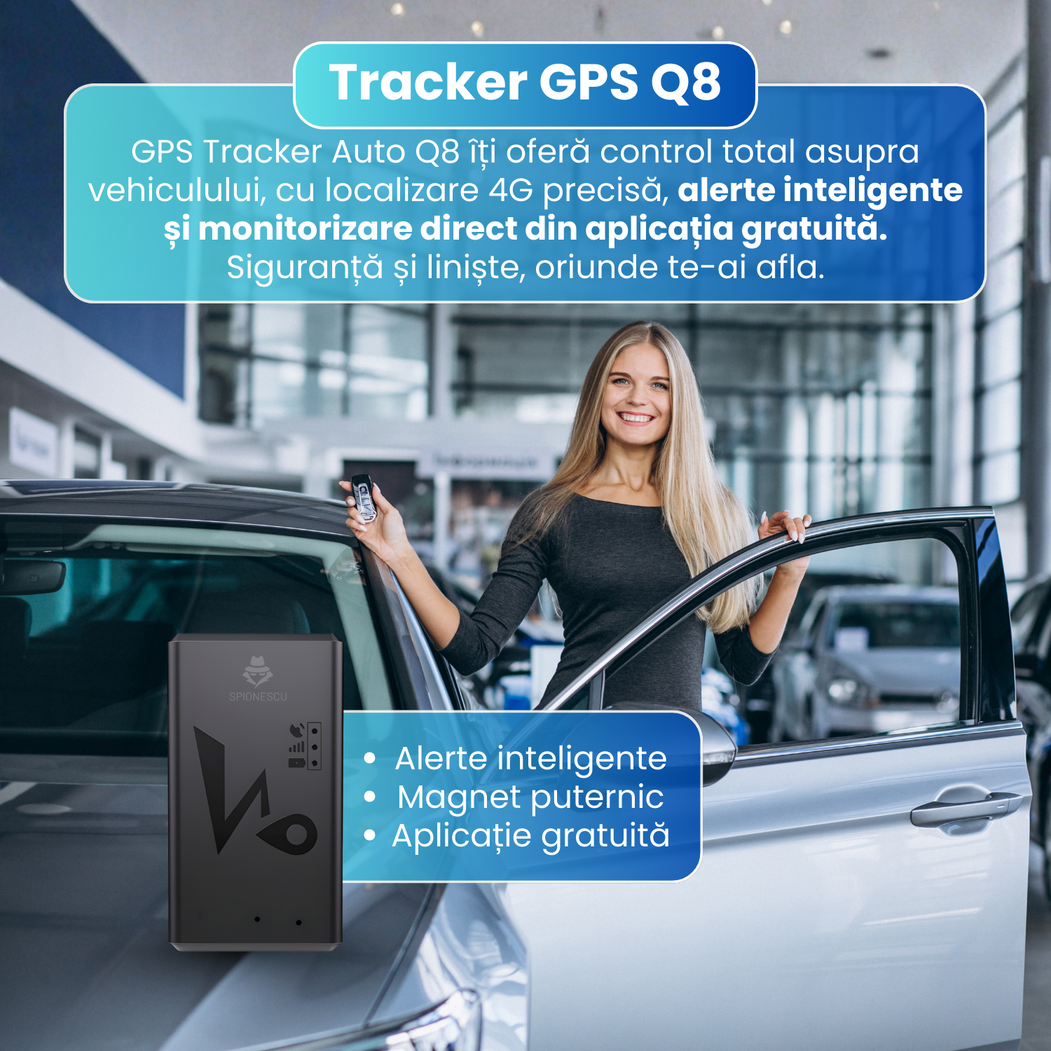 GPS Tracker Auto Q8 4G, SIM inclus 30 zile, magnet puternic, antifurt, localizare in timp real, baterie 1200 mAh, stand-by 4-7 zile, aplicatie gratuita