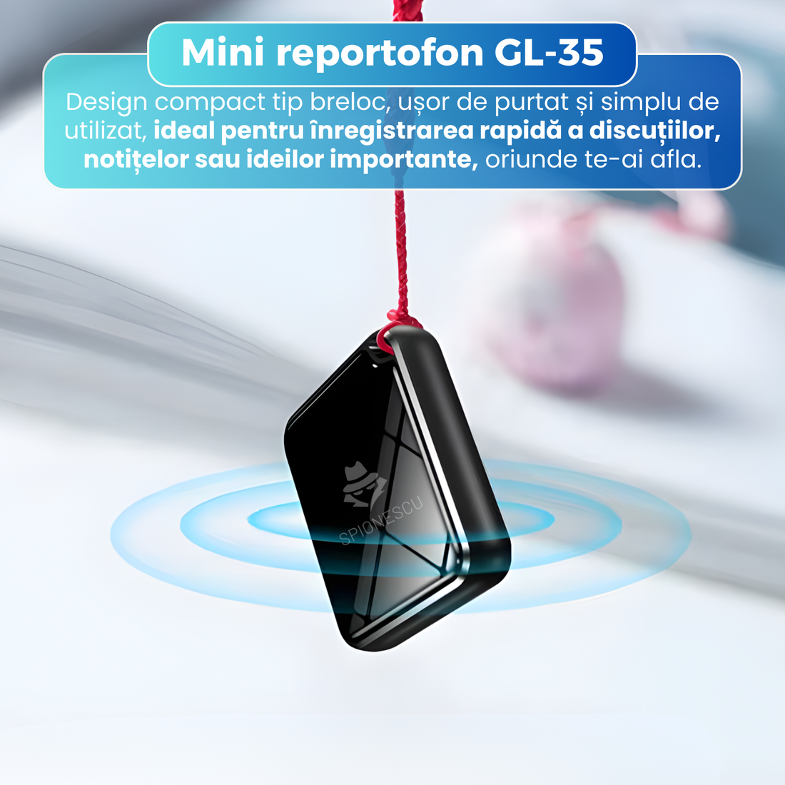 Mini reportofon tip breloc GL-35, inregistrare automata la sunet, microfon omnidirectional 360°, autonomie pana la 13 ore, prindere magnetica, design ultra subtire 7 mm, negru