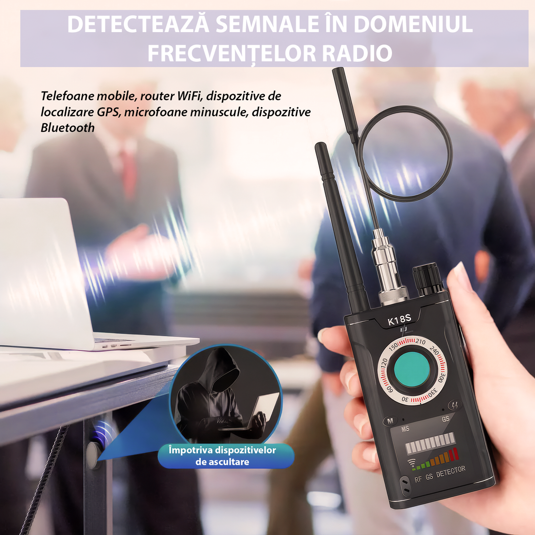 Detector aparate spionaj, K18S, camere, microfoane, localizatoare GPS sau GSM, autonomie 25 ore, anti-spy, distanta detectare 10m, portabil, negru