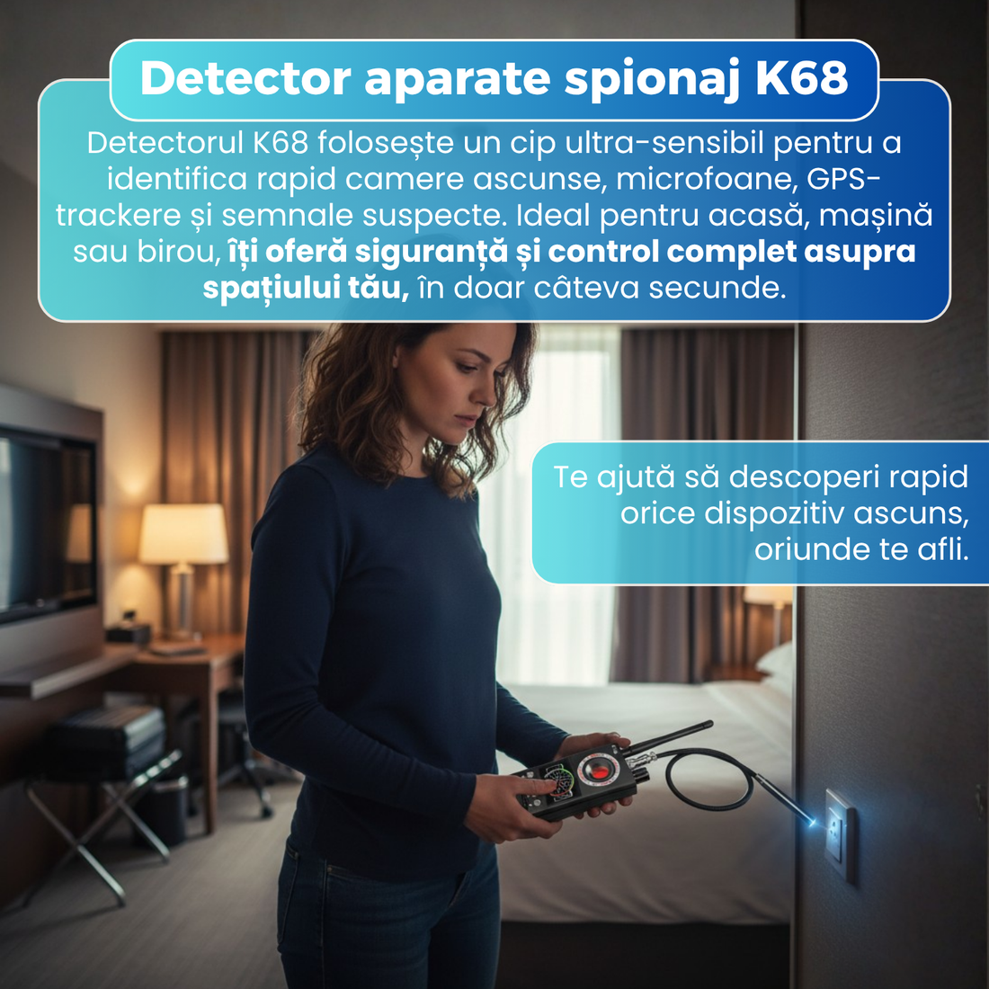 Detector inteligent aparate spionaj, K68, detectare camere ascunse, GPS, RF si IR, scanare laser, afisaj LED, baterie 1200 mAh, autonomie 8-10 ore, frecventa 1 MHz – 8000 MHz