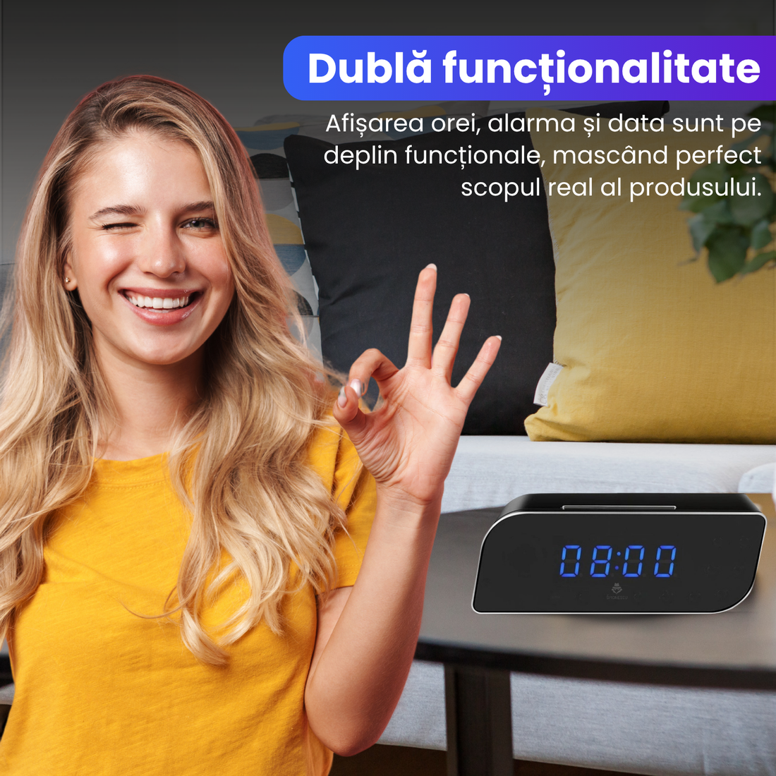 Camera spion WI-FI ascunsa in ceas desteptator, detectare miscare pe iOS, rezolutie 1080P, Tehnologie DVR Wi-Fi IP, 2500 mAh, autonomie 5 ore, unghi de vizualizare 136°, negru