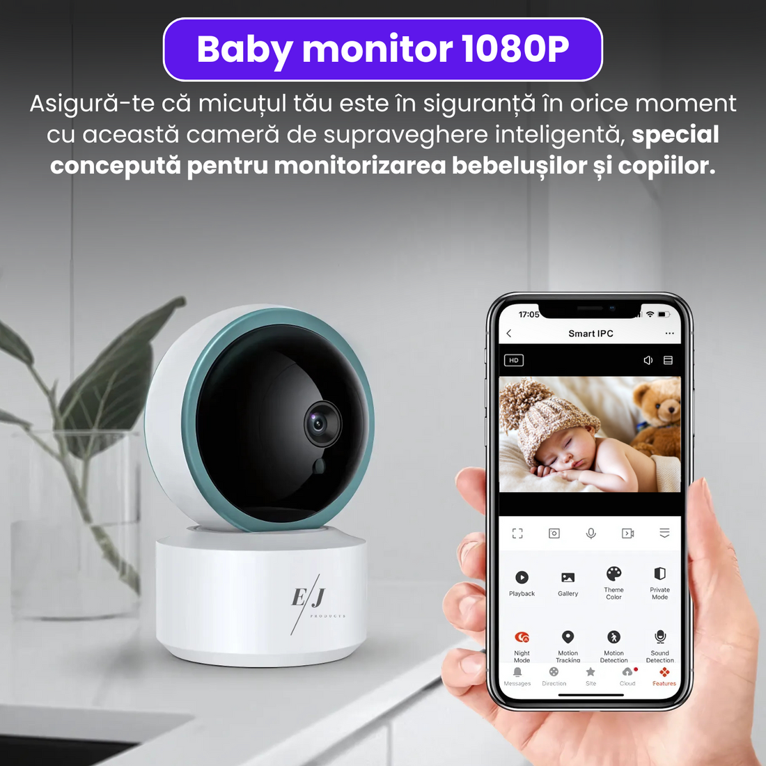 Camera video WiFi pentru bebelusi si copii, supraveghere HD, vedere nocturna, rotatie 355°, senzor de miscare, detectare sunet, control vocal, audio bidirectional, alb