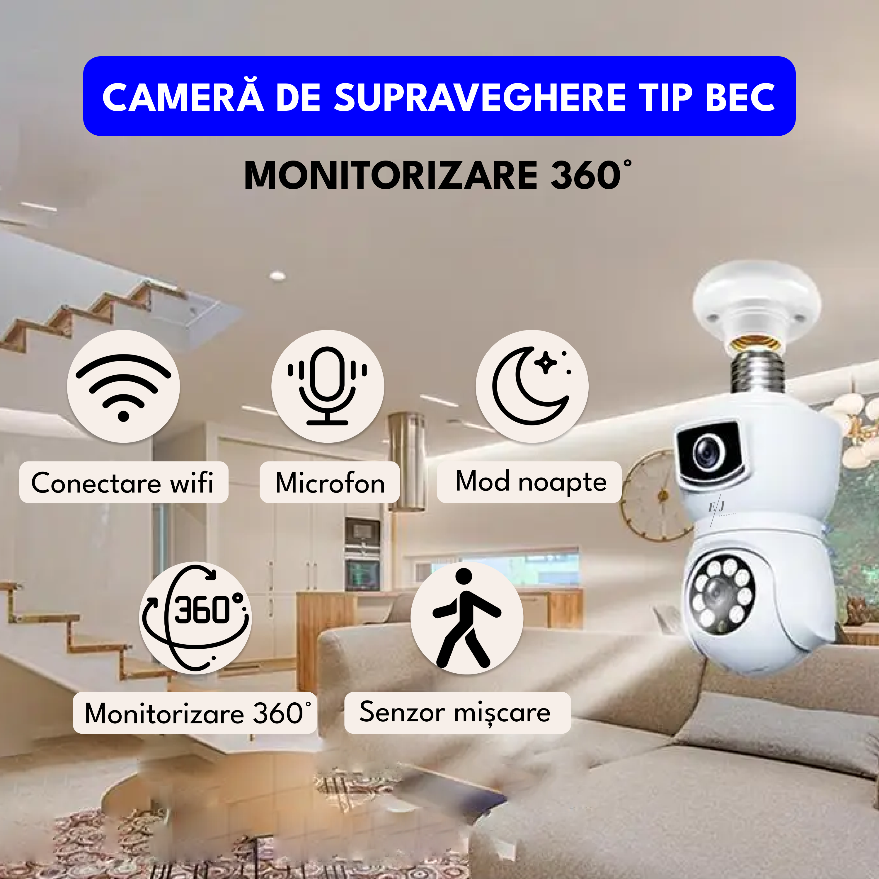 Camera de supraveghere dubla tip bec, E9, V380 PRO,  4MP, 360° panoramic, 1080P, port microSD, detectare a miscarii, alarma, vedere nocturna, PTZ, WiFi, alb