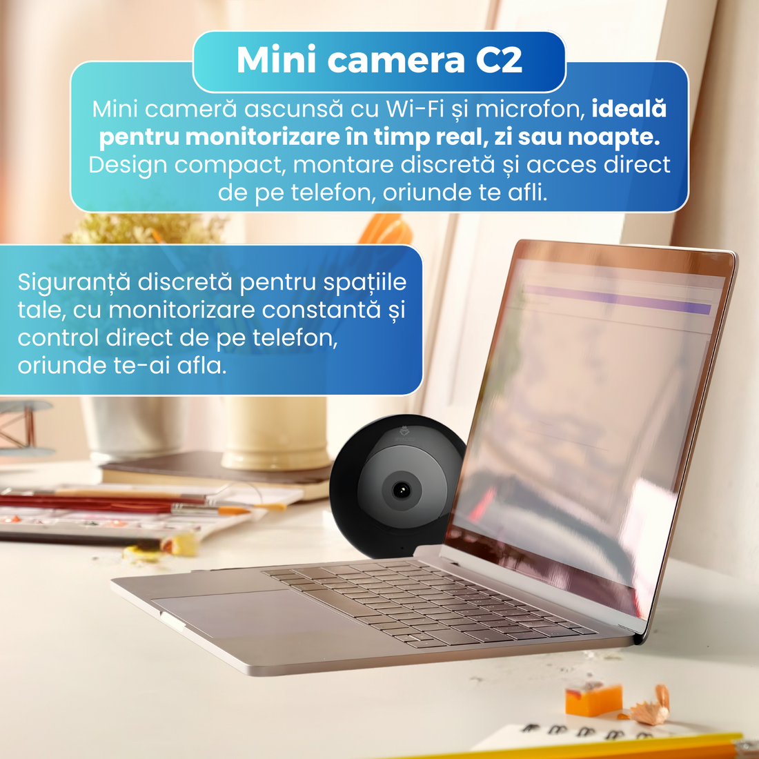 Mini camera ascunsa C2, WiFi, microfon, Full HD, night vision, detectare miscare, unghi 90°, stocare card microSD, design ultra compact, negru