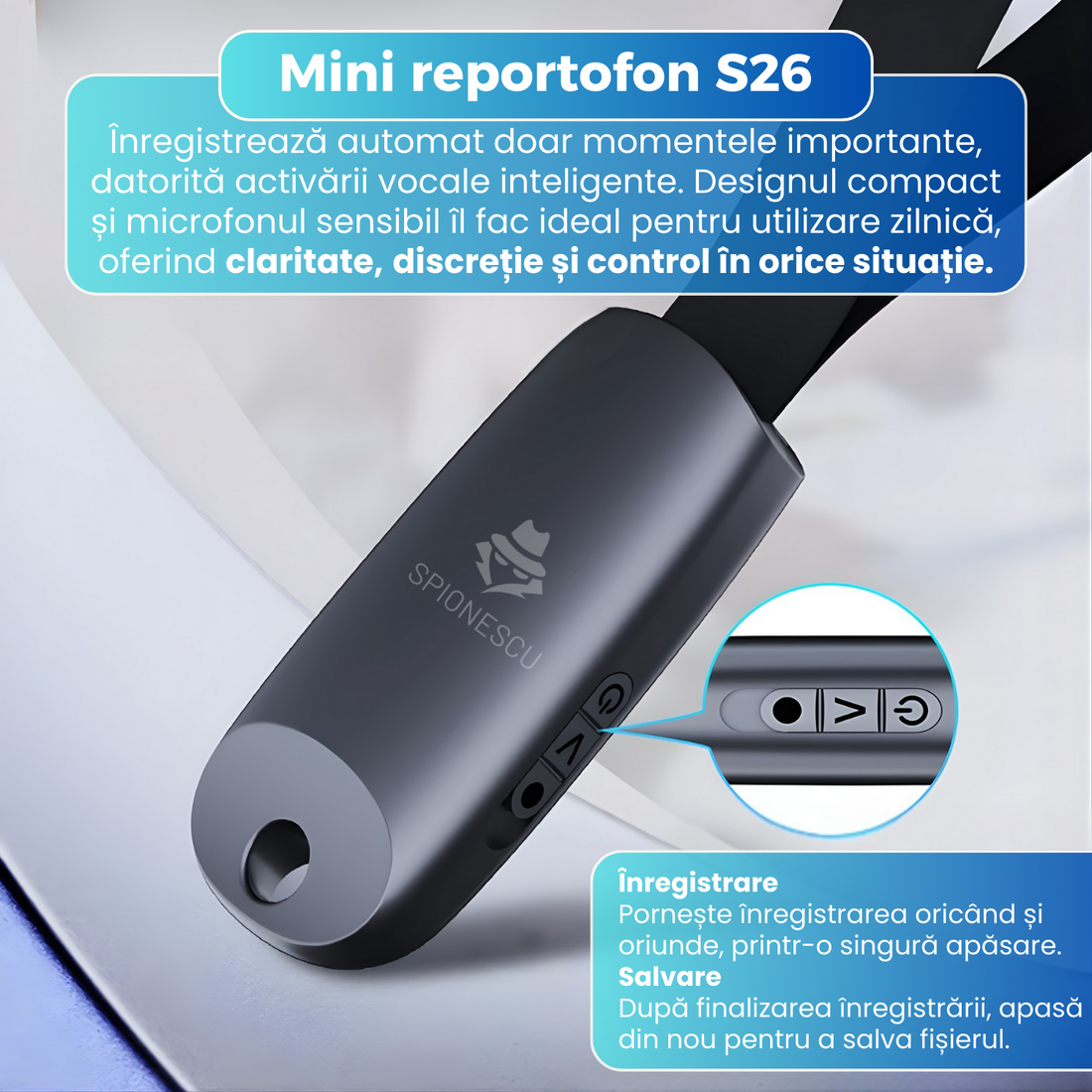 Mini reportofon cu microfon ascuns, activare vocala, MP3 Player, S26