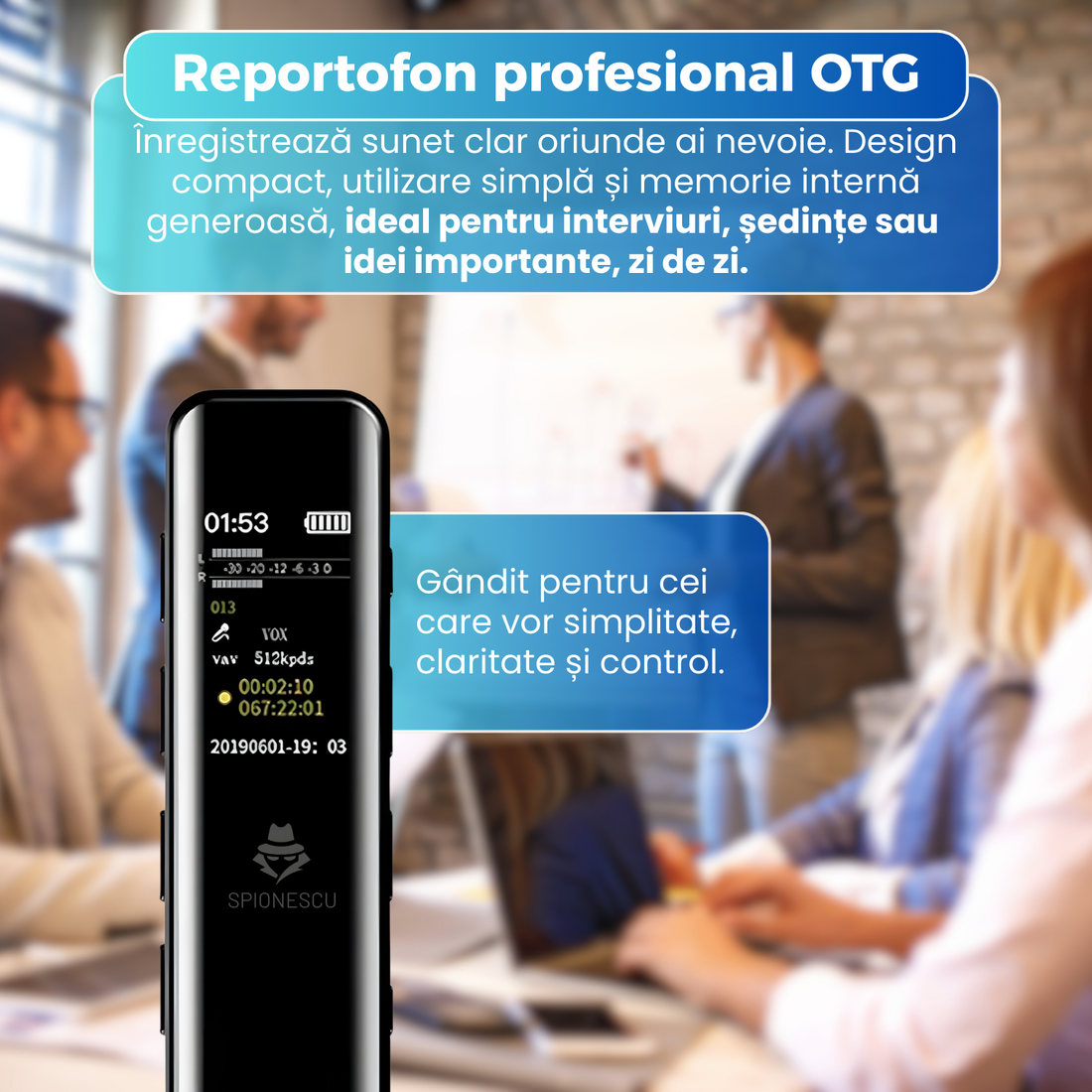 Reportofon profesional OTG, memorie 16GB, ecran color IPS, inregistrare continua, programare automata, MP3 player, baterie reincarcabila 230mAh, negru