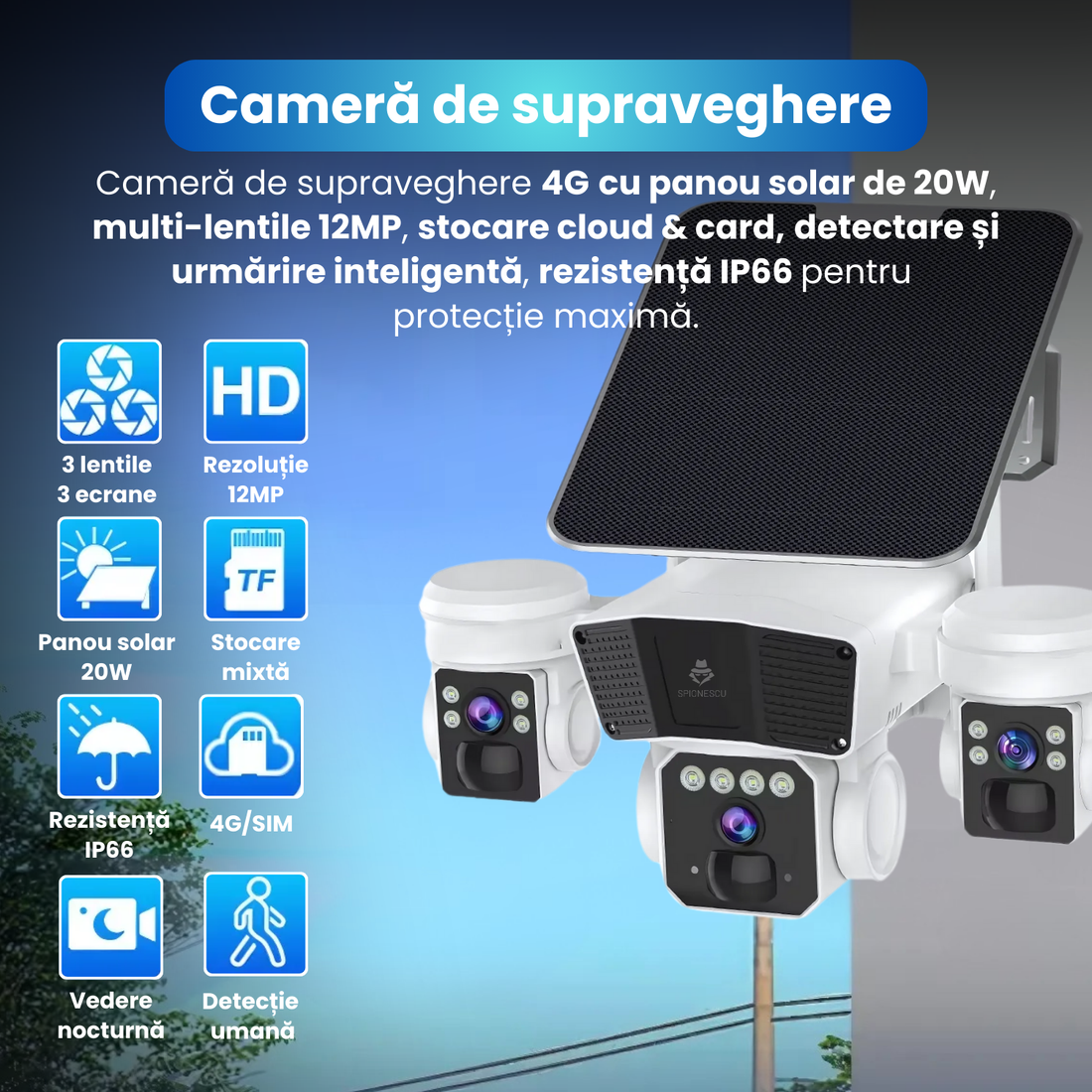 Camera de supraveghere, Q6, 12MP, panou solar integrat, conexiune 4G si Wi-Fi, slot SIM, viziune nocturna, detectie miscarare, audio bidirectional, rezistenta la apa IP66