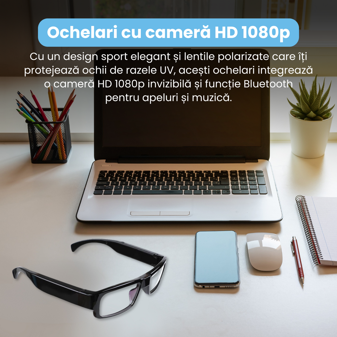 Ochelari cu camera video Full HD 1080P, lentile clare, baterie reincarcabila 800mAh, cip inteligent, operare usoara cu un singur buton, conectivitate prin cablu sau cititor card