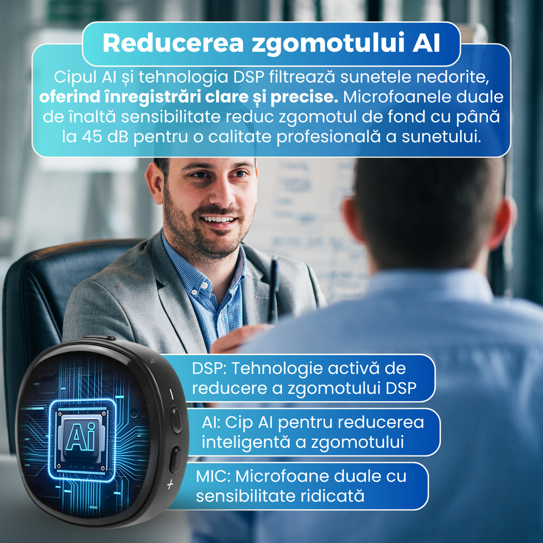 Mini reportofon digital Z13, activare vocala automata, reducere inteligenta a zgomotului AI, inregistrare 360°, difuzor incorporat, functie MP3, autonomie 100 ore, memorie interna, design mini portabil, negru
