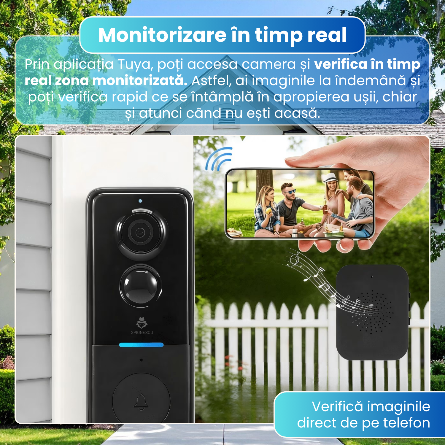 Sonerie video inteligenta wireless cu camera, 2MP, WiFi, Tuya, Full HD 720P, monitorizare live pe telefon, detectare miscare, vedere nocturna IR, interfon video, baterie 4000mAh, incarcare solara, IP65, Chime inclus, negru