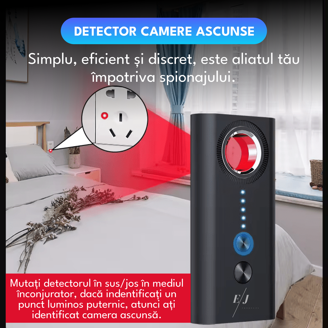 Detector aparate spionaj, T1, microfoane, GPS, distanta detectare 5-10 m,  baterie 300 mAh,  autonomie 25 ore