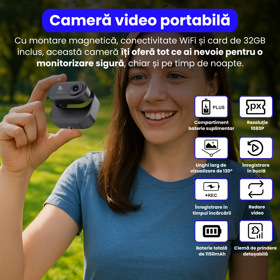 Mini camera video corporala 1080P cu viziune nocturna, body cam, clip rotativ 180°, montare magnetica, card microSD 32GB inclus, baterie 1150mAh, inregistrare in cucla si redare directa