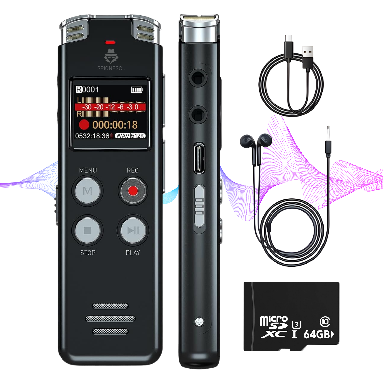 Reportofon digital cu activare vocala L357, Spionescu, 64GB, autonomie 20 ore inregistrare, 35 ore redare, functie MP3 player, reducere zgomot, design compact, negru