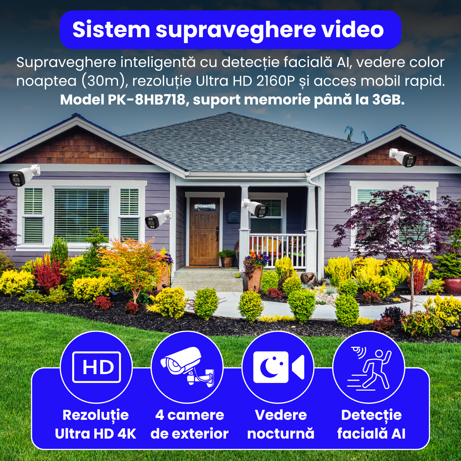 Kit complet supraveghere 4K cu DVR si 4 camere exterior, PK-8HB718, detectare faciala AI, audio bidirectional, vedere color noaptea, pana la 30m, PoE, IP66, alb