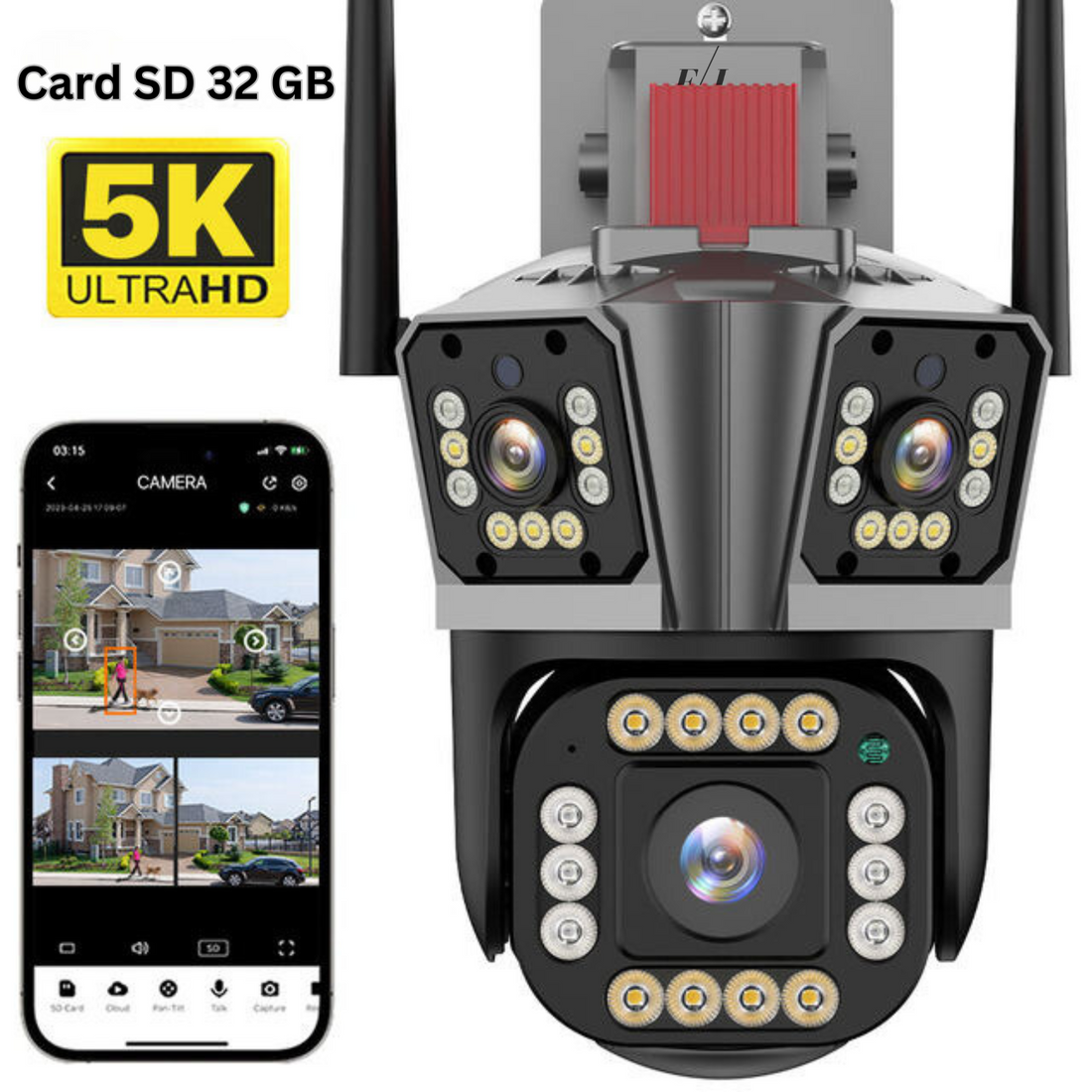 Camera de supraveghere tripla 5K, WIFI, 12MP, 32 GB, PTZ, CCTV, zoom 10x