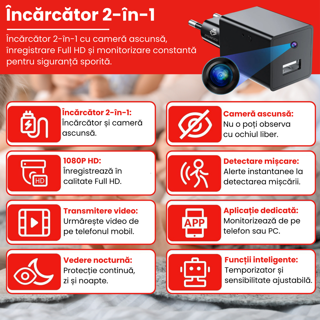 Incarcator cu camera ascunsa Full HD 1080P, VD005, WIFI, vedere nocturna, detectarea miscarii, monitorizare video in timp real