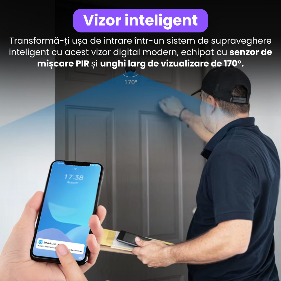 Vizor inteligent pentru usa cu camera video 1080P, WiFi dual band 2.4G/5G, senzor de miscare PIR, audio bidirectional, vedere nocturna IR, stocare cloud si card TF, control din aplicatie Tuya Smart, unghi larg 170°