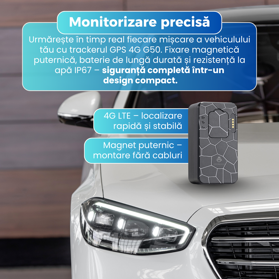 Mini Tracker auto GPS 4G, G50, baterie 6000 mAh, magnet puternic, rezistent la apa IP67, monitorizare in timp real, aplicatie dedicata, redare traseu, localizare GSM/GPS/GPRS/LBS/AGPS