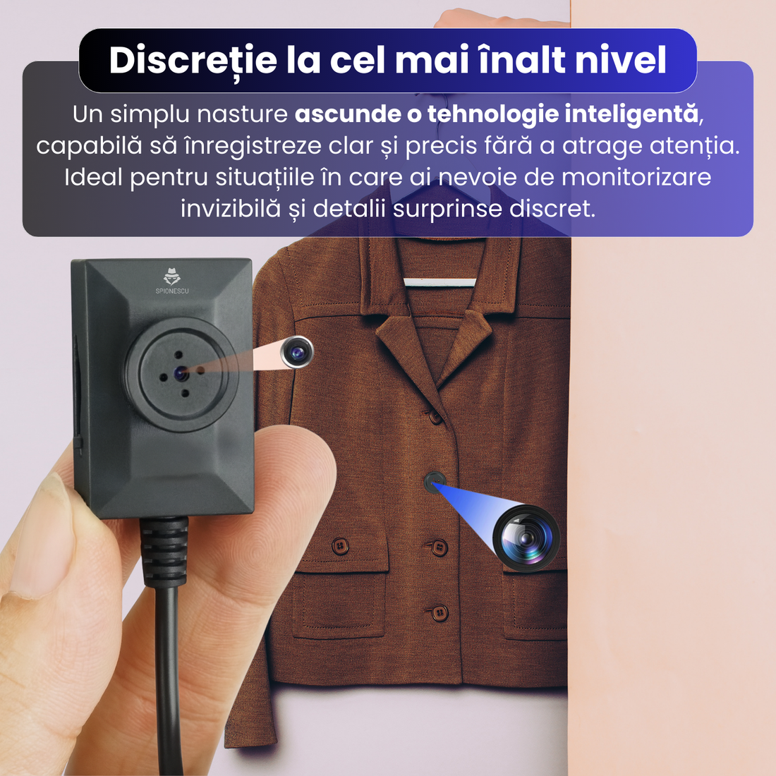Camera ascunsa tip nasture cu cablu 2 m, rezolutie AVI 1280x960P la 30fps, inregistrare automata in bucla, suport microSD 32GB, alimentare permanenta 220V, design discret, negru