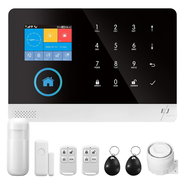 Sistem de alarma wireless inteligent, ACJ-401, WiFi si GSM, ecran color touchscreen, control prin aplicatie Tuya Smart, Smart Life, apel SMS notificari, suport senzori PIR, usa, fum, gaz, RFID, alb