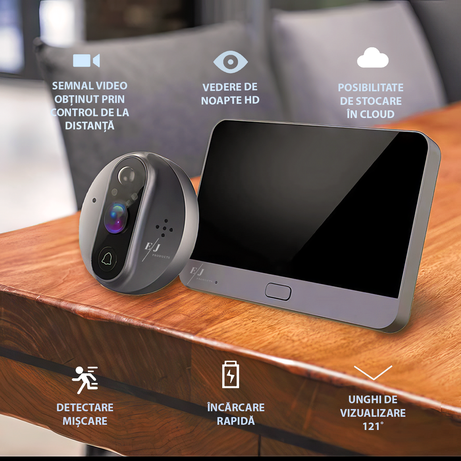Sonerie video, WiFi, ecran LCD 4,3" , 1080P, baterie 5000mAh, unghi de vizualizare 120º, night vision, notificari in timp real, senzor miscare, comunicare bidirectionala