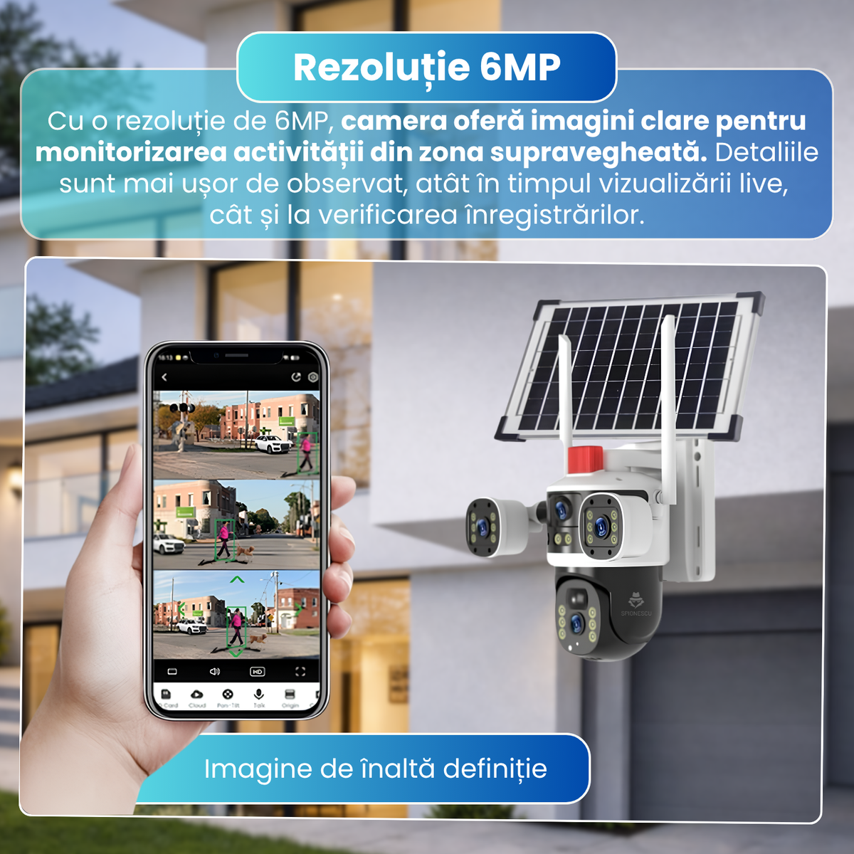 Camera supraveghere exterior 4G cu panou solar, 6MP, 3 lentile, PTZ 340°, detectare PIR, urmarire automata, vedere nocturna color si IR, audio bidirectional, baterie 8000mAh, IP65, alb