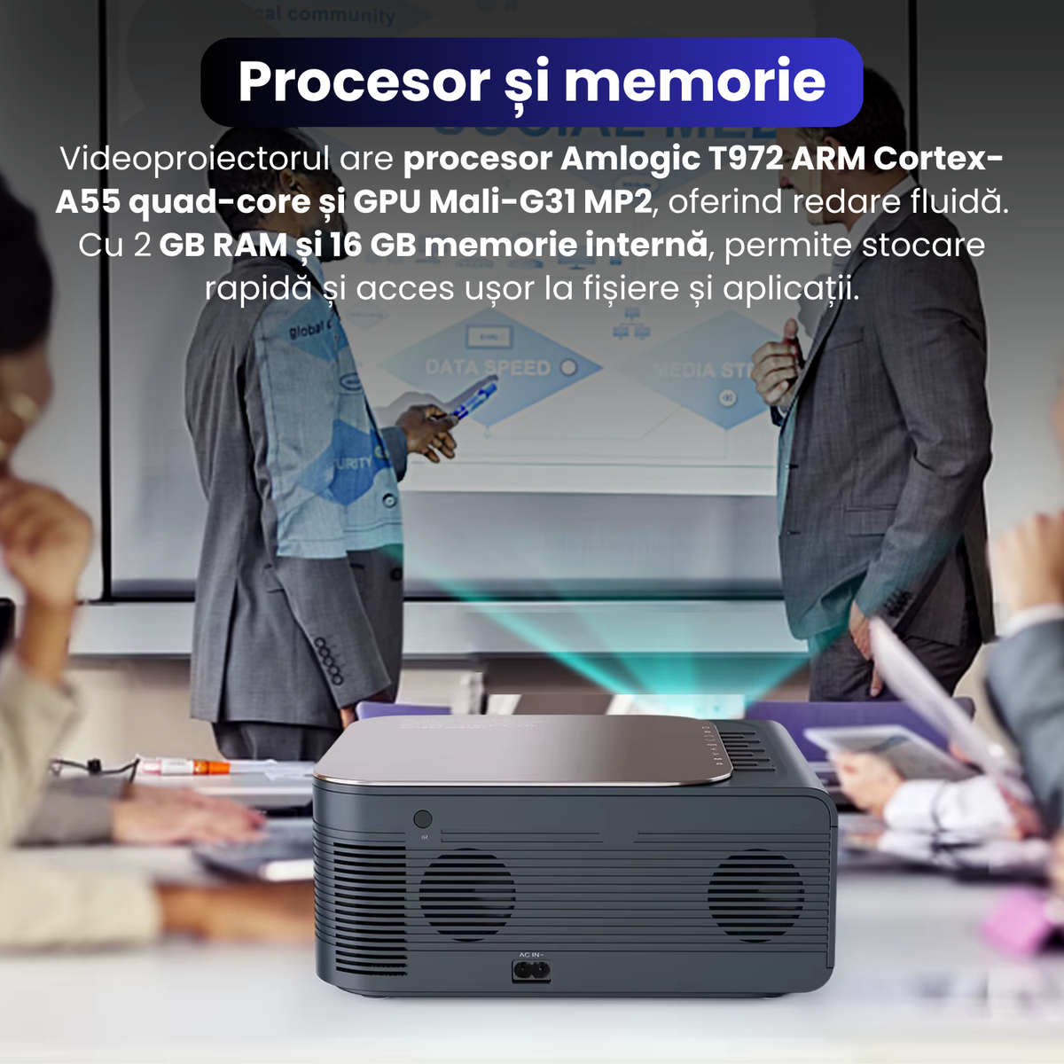 Videoproiector 3D, Full HD 1080p (suport semnal 4K), M8, Proiectinno, 16 GB, Android 9.0, Bluetooth 5.0, WiFi 2.4G/5G, audio Dolby, corectie trapezoidala, 400 ANSI, portabil, negru