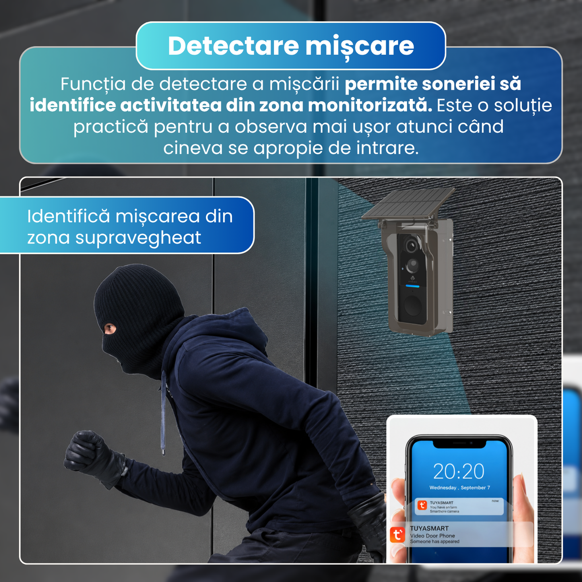 Sonerie video inteligenta wireless cu camera, 2MP, WiFi, Tuya, Full HD 720P, monitorizare live pe telefon, detectare miscare, vedere nocturna IR, interfon video, baterie 4000mAh, incarcare solara, IP65, Chime inclus, negru