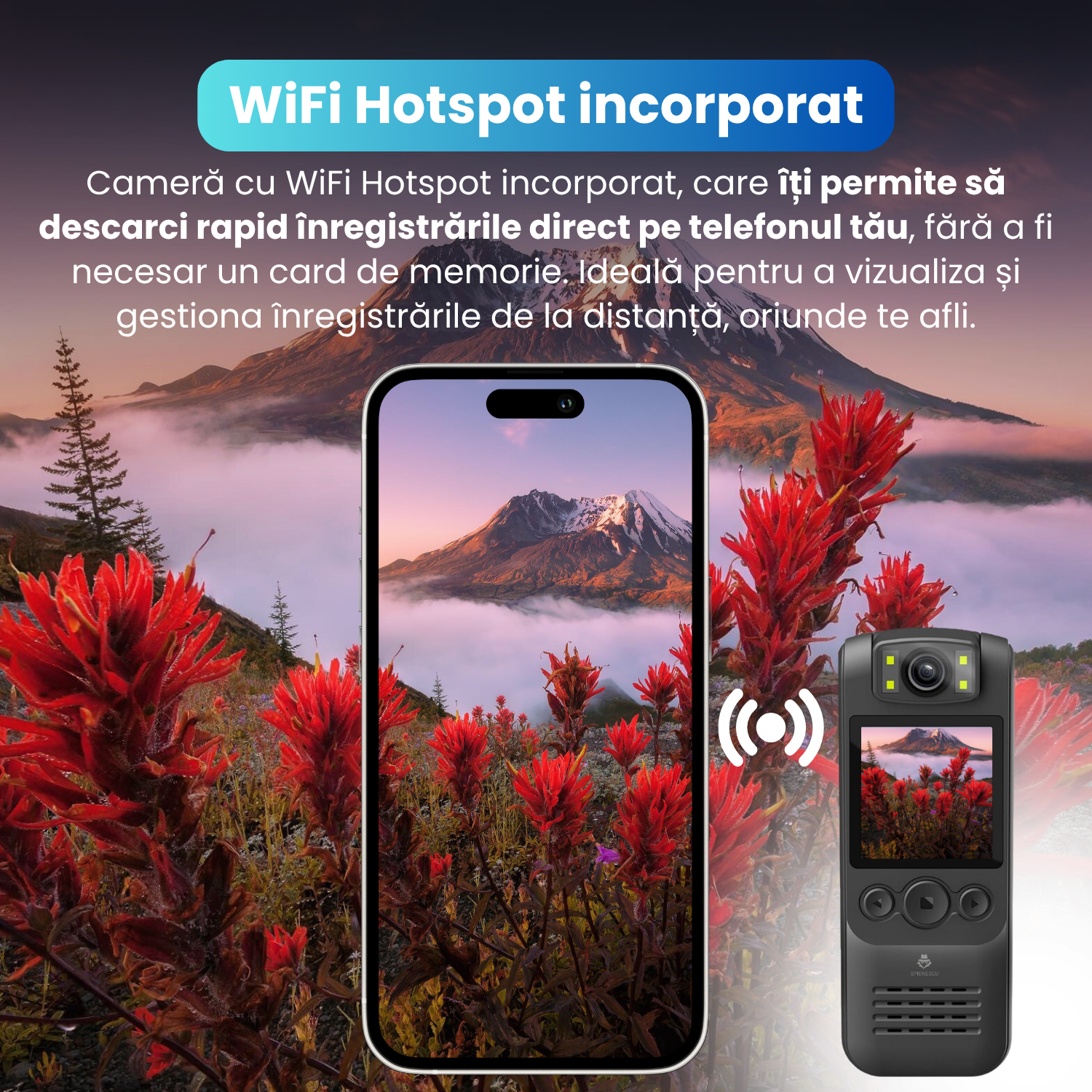 RESIGILAT - Camera video corporala, body cam 1080P, WiFi HotSpot, baterie 1300 mAh, unghi larg de 18