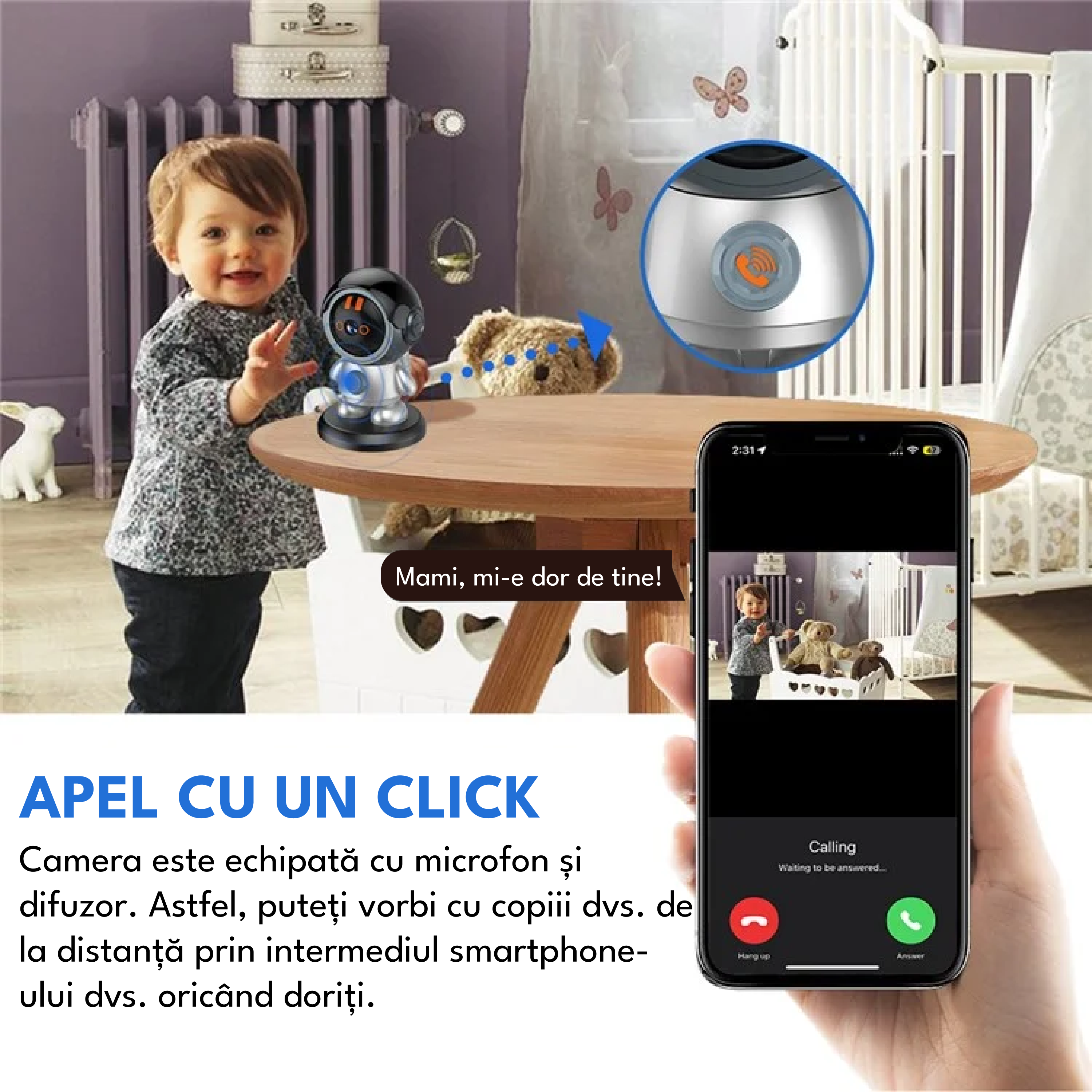 Camera de supraveghere tip robot 2 MP, functie baby monitor, MP3, rotire 360 grade, Full HD 1080P, Wi-Fi, mod noapte, urmarire automata, vorbire birectionala, stocare in cloud