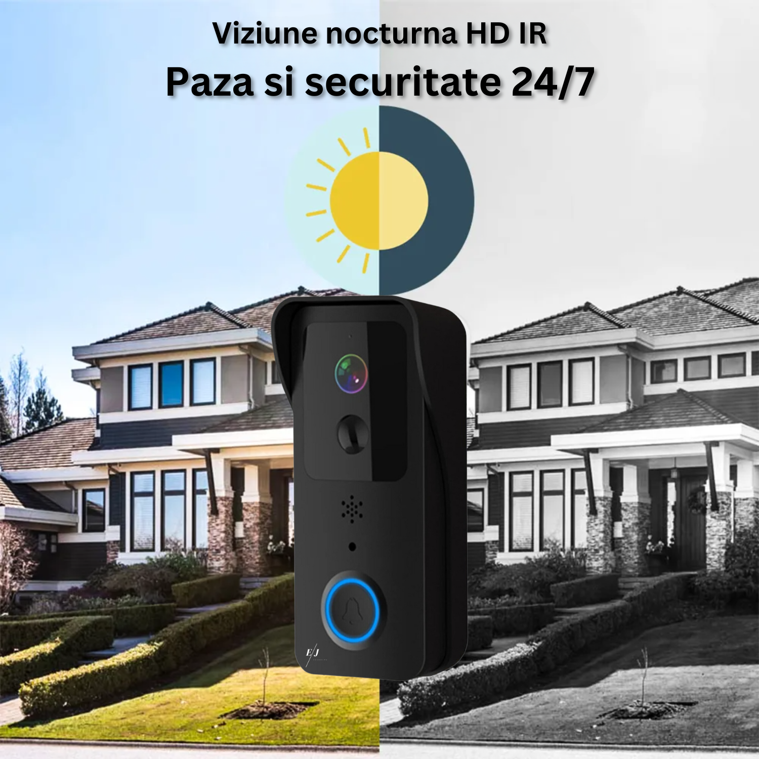 Sonerie inteligenta video cu alarma, rezistenta la apa, infrarosu night vision, sunet bidirectional, acumulatori inclusi, wireless 2.4G si 5G, control aplicatie, negru