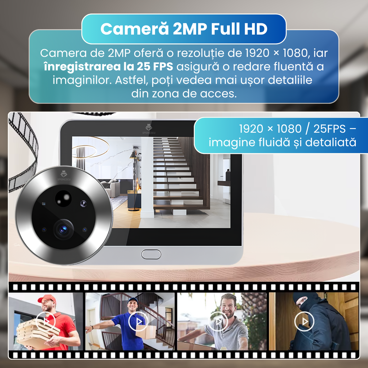 Sonerie video cu vizor digital, camera 2MP Full HD 1080P, ecran LCD 4.3 inch, WiFi 2.4GHz, Tuya Smart, detectare miscare PIR, Night Vision IR, unghi 120°, baterie 5000mAh, Cloud, gri