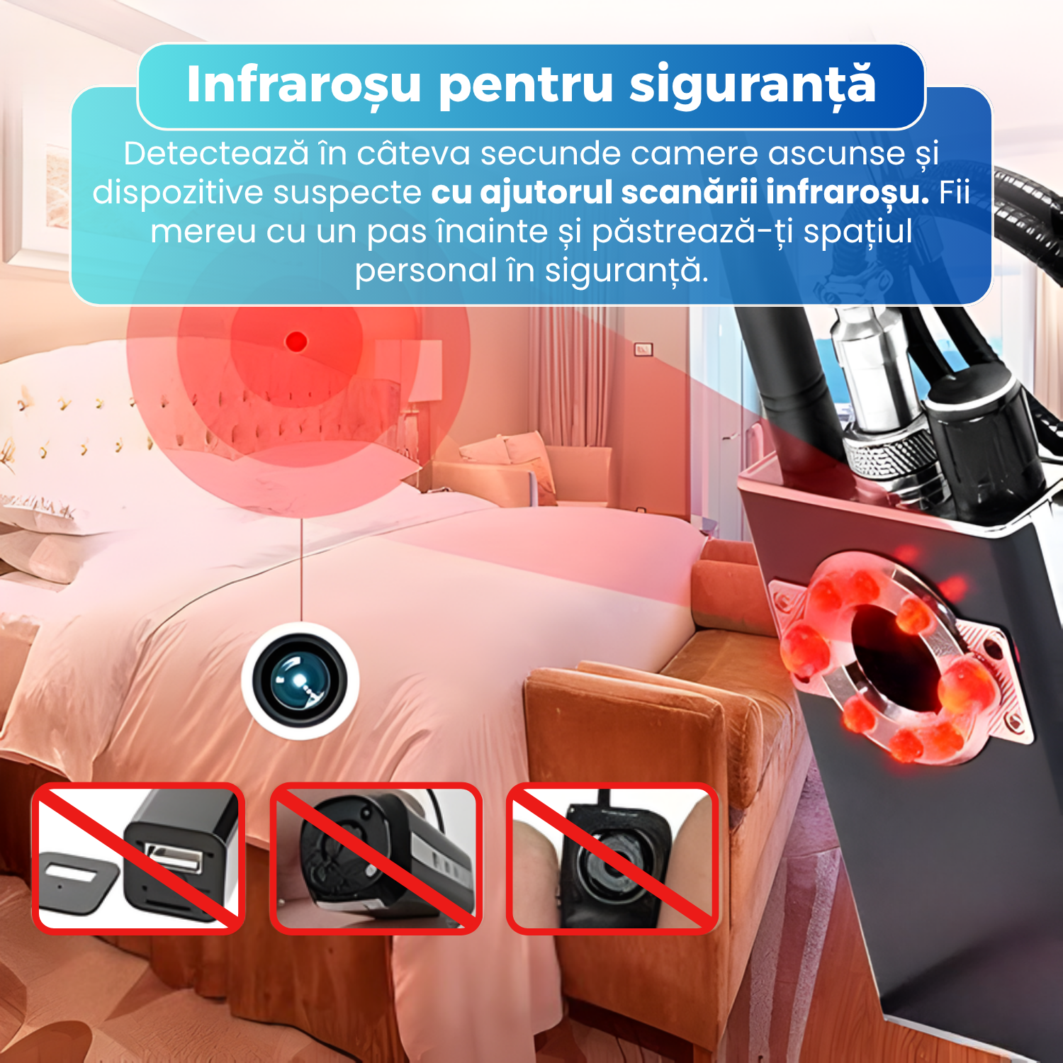 Detector aparate spionaj, K88, frecventa 1–8000 MHz, detectare camere ascunse, GPS si WiFi, infraros