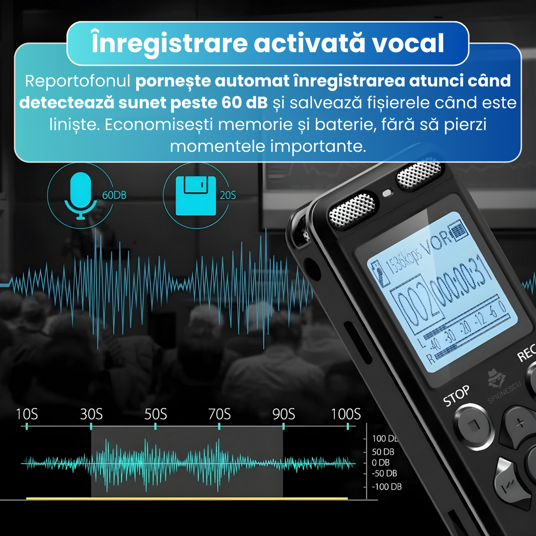 Reportofon profesional digital E36, activare vocala, inregistrare PCM 1536 kbps, microfoane duale, memorie interna 8GB, card TF 64GB inclus, baterie 800mAh, autonomie 45 ore, MP3 player, USB-C, negru