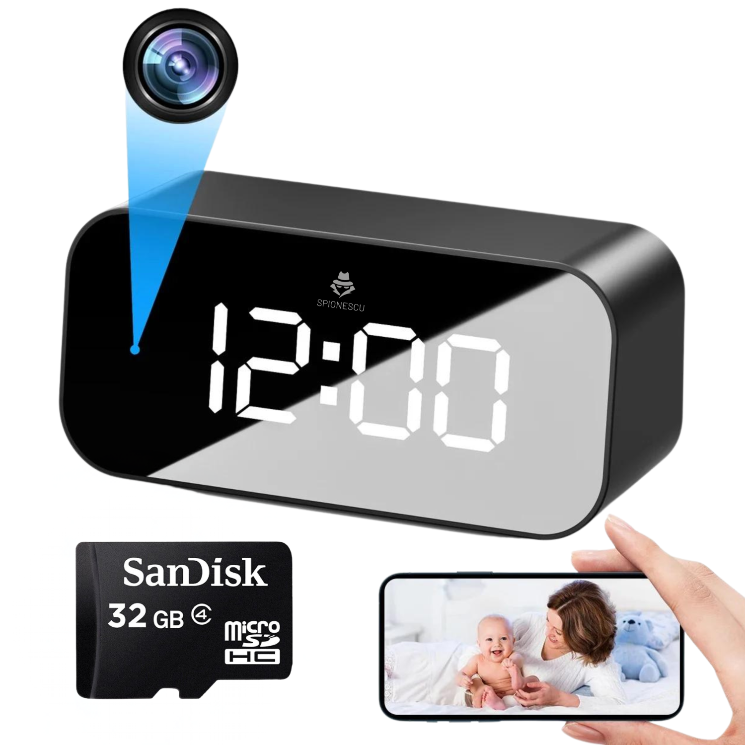 Ceas spion cu camera ascunsa, TC100, WIFI, unghi de 166°, vedere nocturna, detectarea miscarii, baterie 2500 mAh, negru