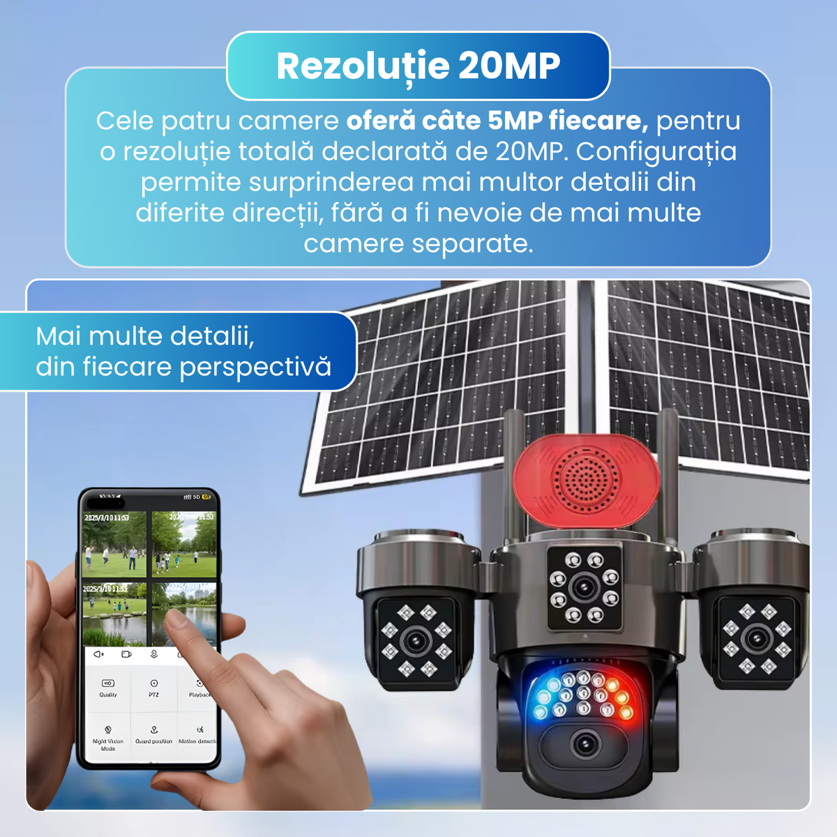 Camera de supraveghere exterior 4G, 4 lentile 20MP, AOV 24/24, PTZ, zoom digital 12X, detectare AI persoane, Motion Tracking, vedere nocturna 4 moduri, alarma luminoasa si sonora, panou solar 15W, baterie 12000mAh, audio bidirectional, negru