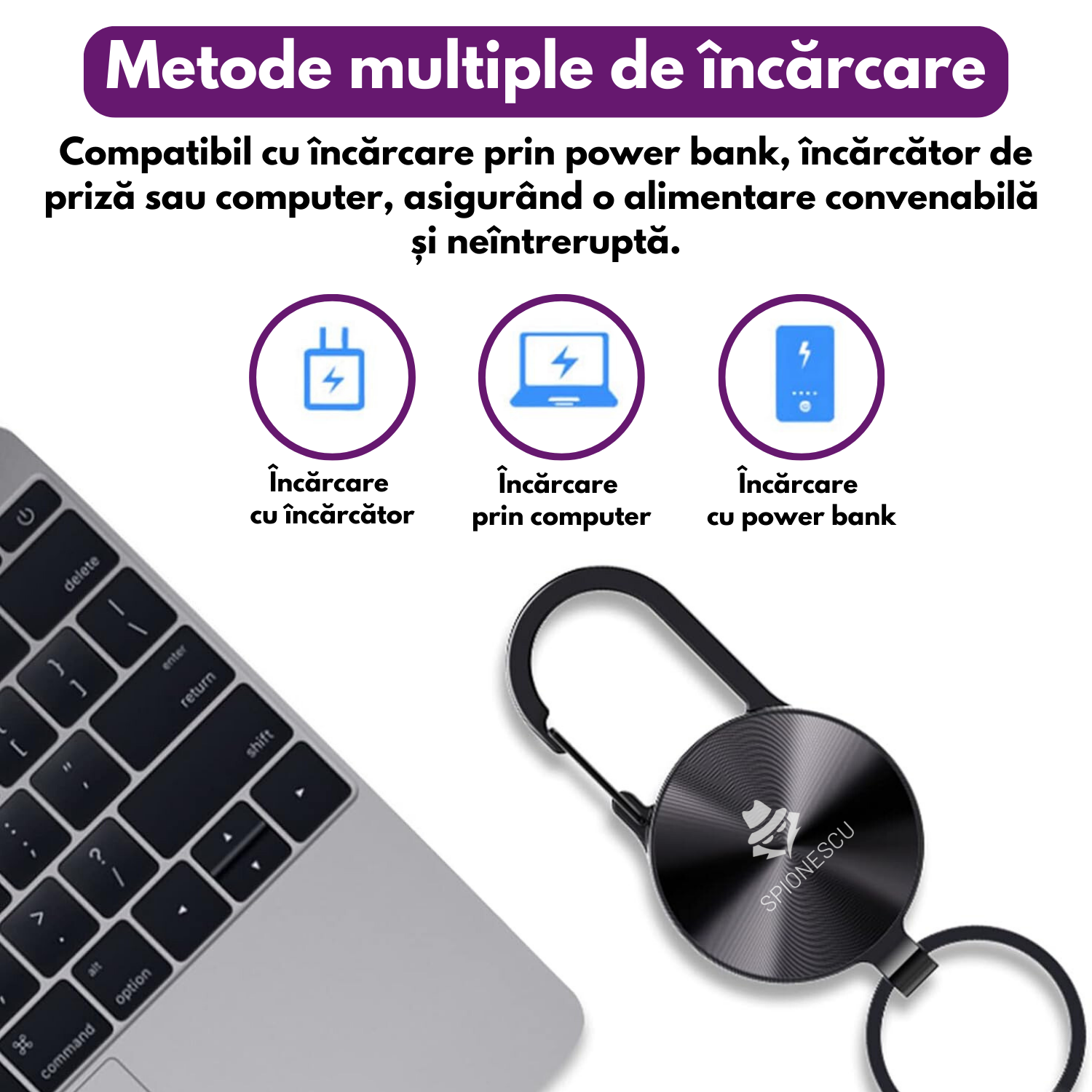 Reportofon spion tip breloc, S25, baterie 120 mAh, autonomie 25 h, MP3 player, inregistrare cu activare vocala, eliminare zgomot