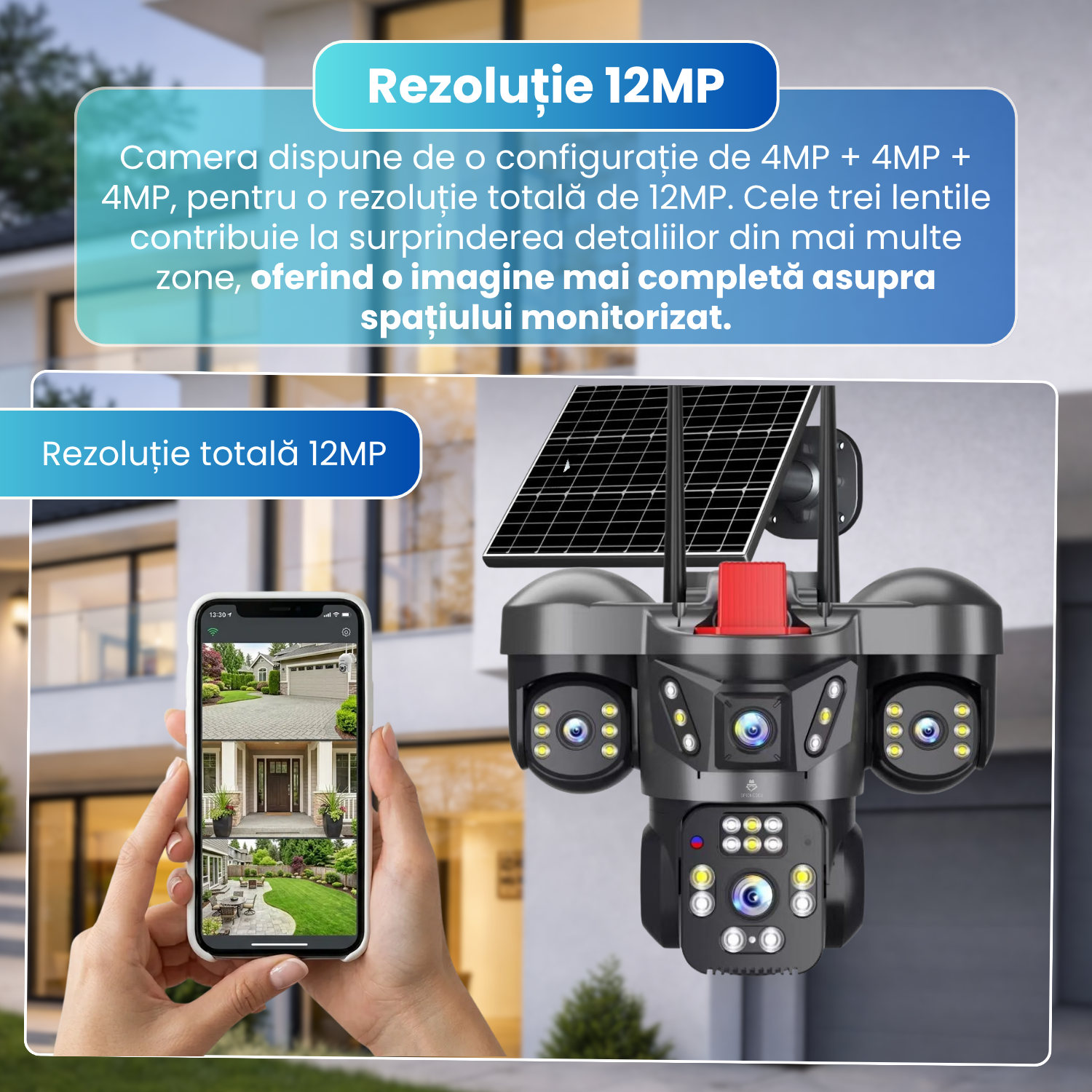 Camera de supraveghere exterior 4G, 3 lentile 12MP, 3 ecrane, AOV 24/7, PTZ, Motion Tracking, detectare AI persoane, vedere nocturna Full Color pana la 15 m, audio bidirectional, panou solar 8W, baterie 8000mAh, negru
