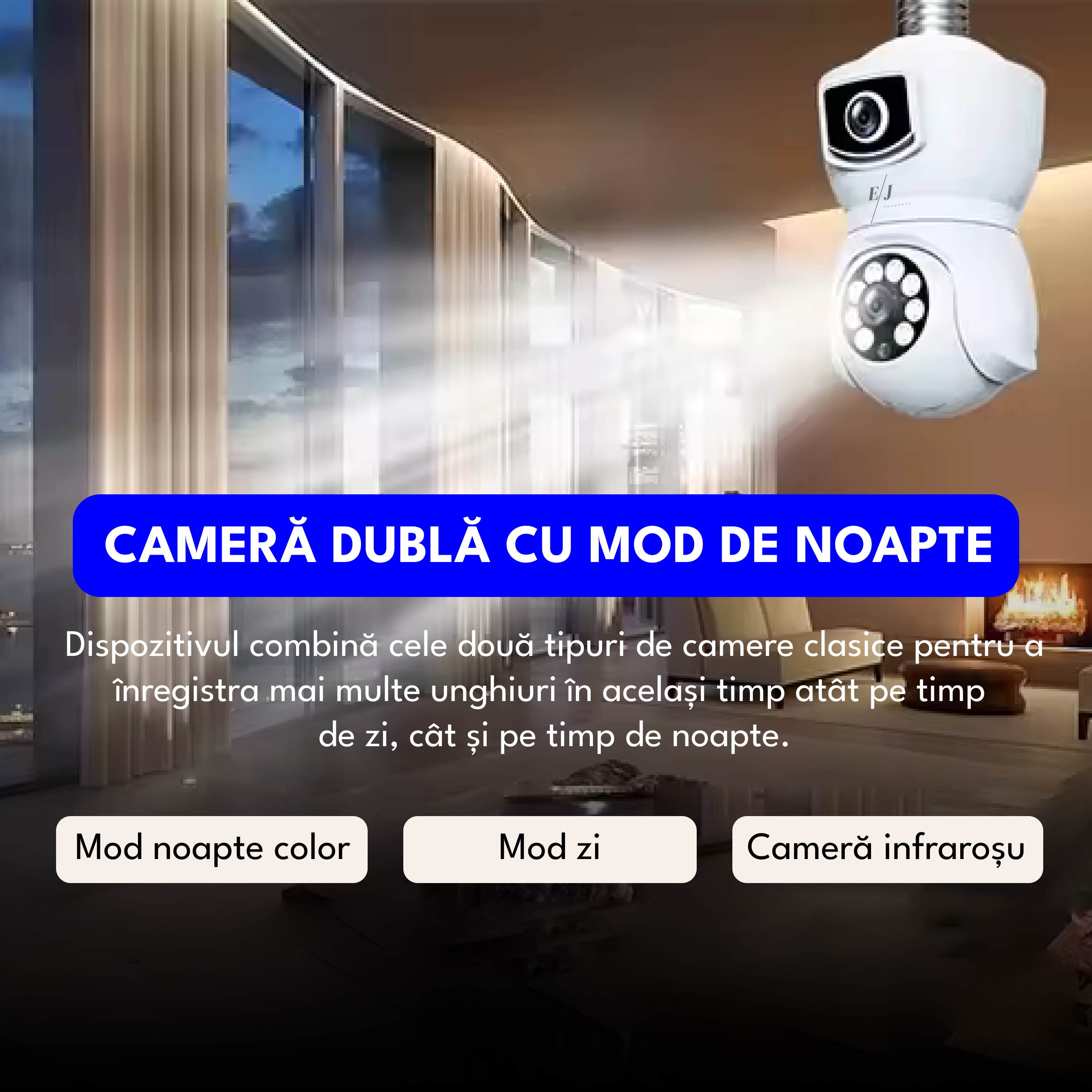 Camera de supraveghere dubla tip bec, E9, V380 PRO,  4MP, 360° panoramic, 1080P, port microSD, detectare a miscarii, alarma, vedere nocturna, PTZ, WiFi, alb