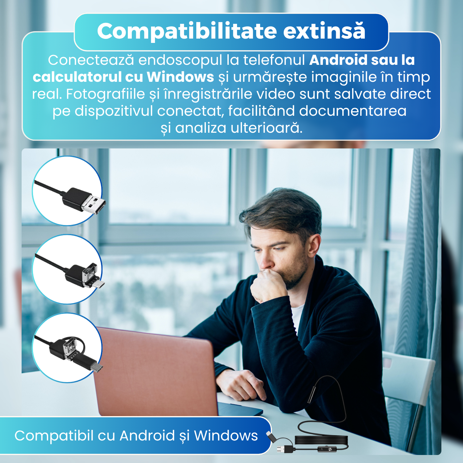 Camera Endoscop Inspectie 8 mm, Cablu Semi-Rigid 1 m, 6 LED-uri Reglabile, IP67, Compatibila Android si Windows, Foto & Video, Negru