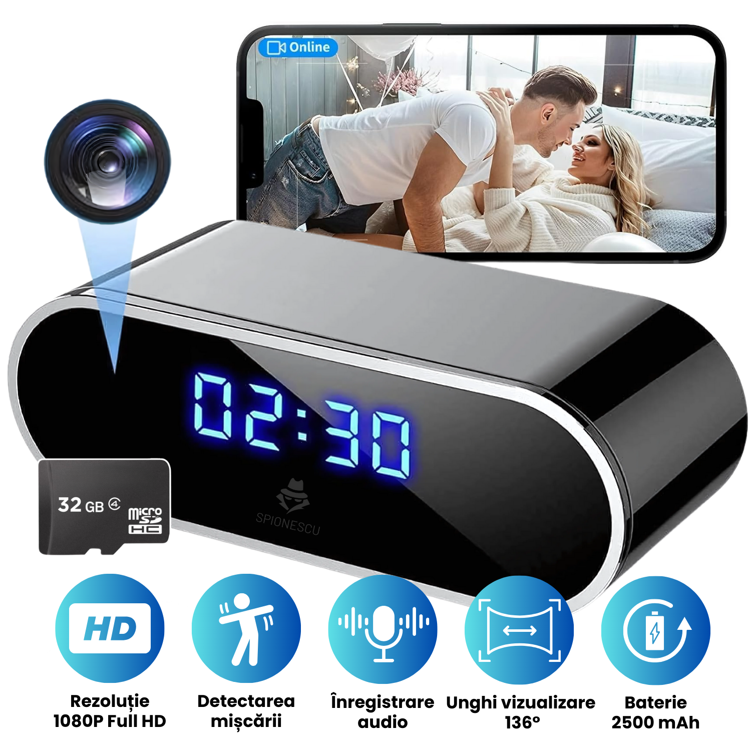 Ceas cu camera ascunsa audio-video, WiFi, HD, detectarea miscarii pe iOS, night vision