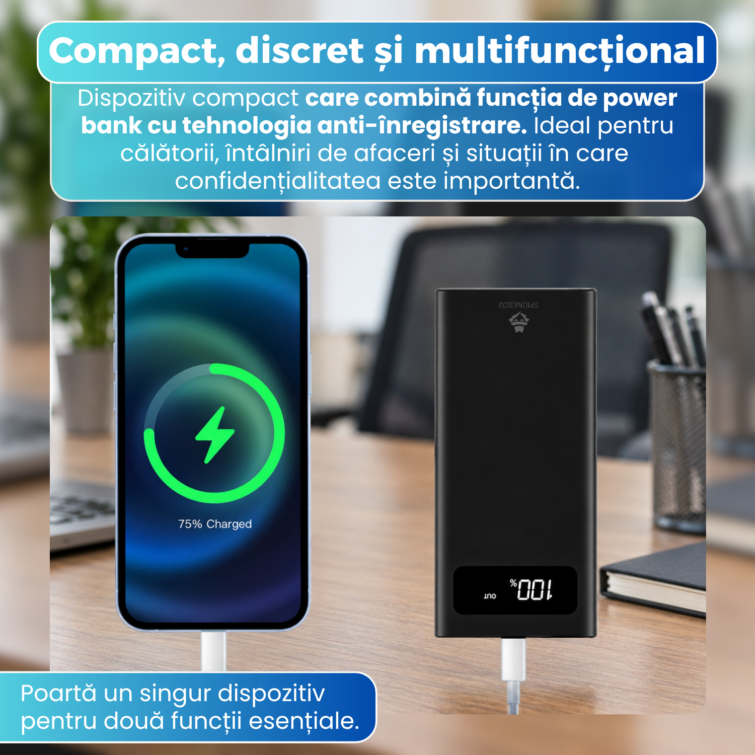 Dispozitiv anti-inregistrare 2 in 1, Power Bank 8000 mAh, Tehnologie Ultrasonica, Acoperire pana la 320°, Telecomanda Wireless, Autonomie pana la 8 Ore, Negru