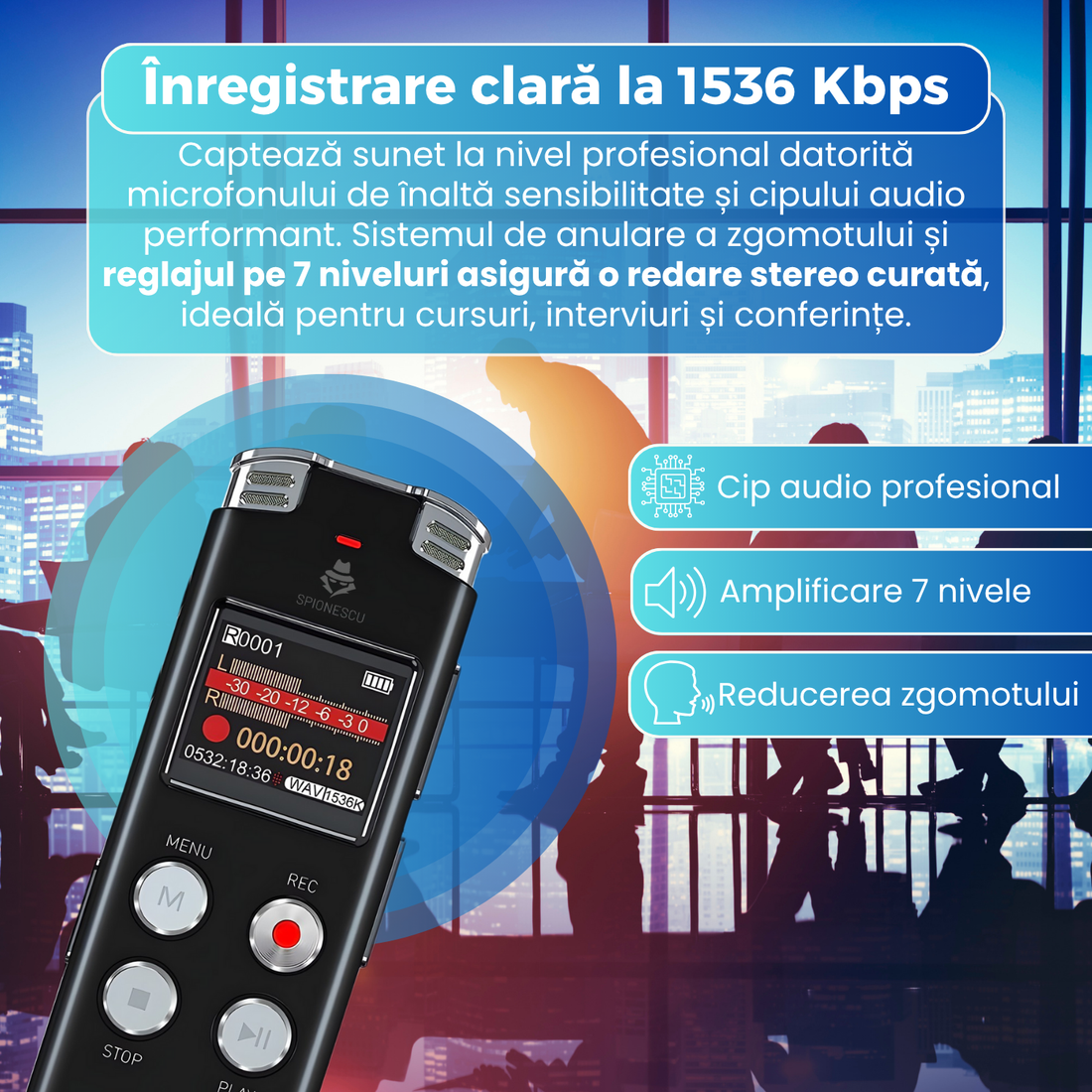 Reportofon digital cu activare vocala, L357, 64 GB, autonomie 20 ore, redare 35 ore, functie MP3 player, anulare a zgomotului, negru