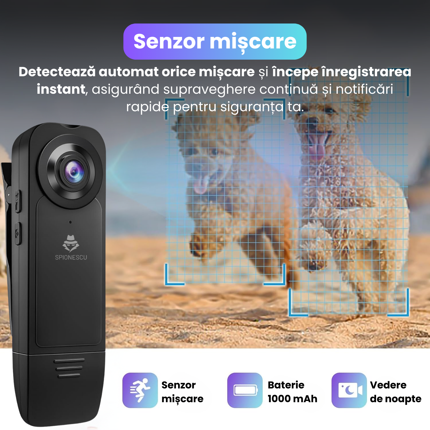 Camera video corporala, body cam 1080P, vedere nocturna, baterie 1000 mAh, unghi larg de 150°, detectare miscare, dimensiuni compacte 9.5x2.9x3.2cm, design portabil, inregistrare discreta