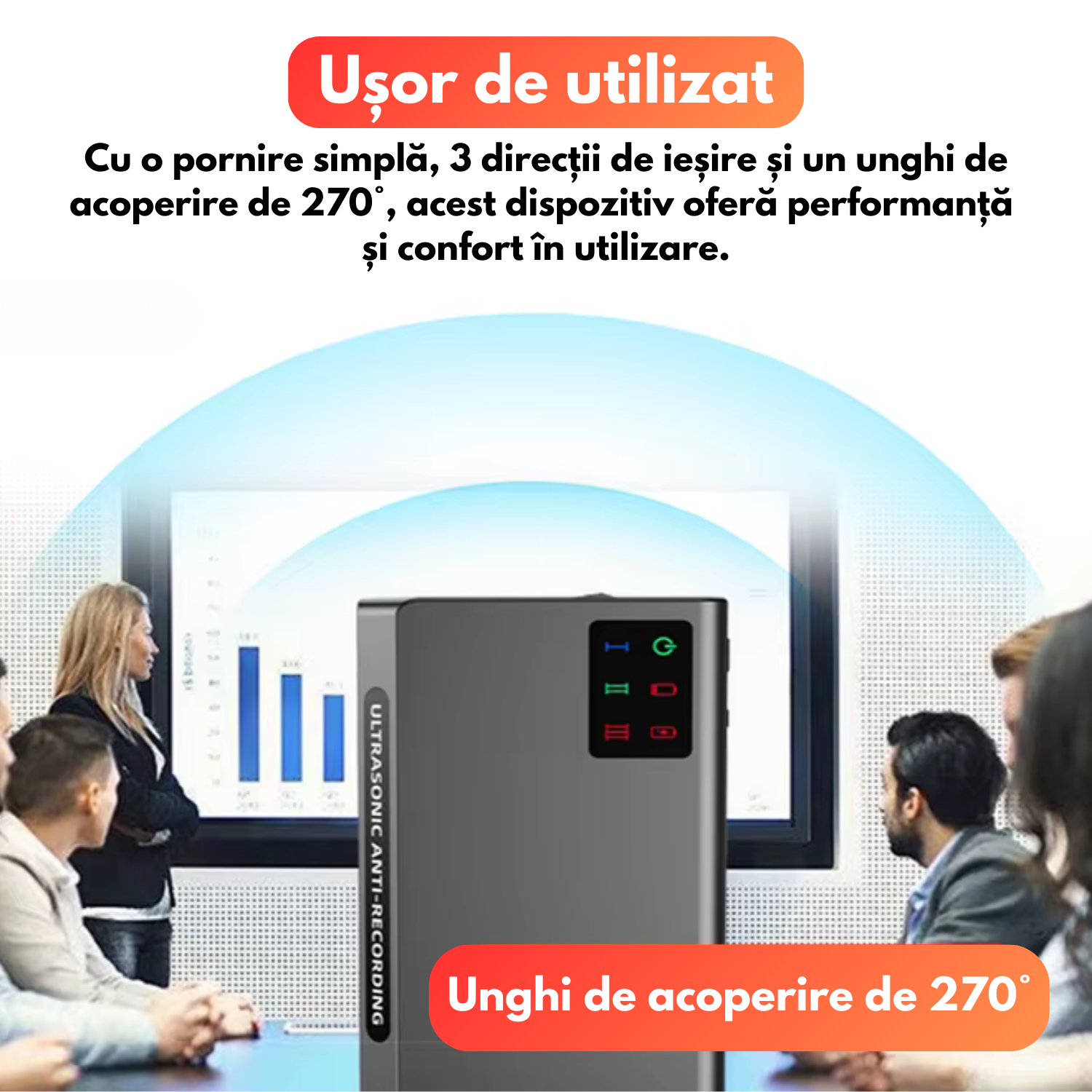 Dispozitiv anti-inregistrare, tehnologie ultrasunete avansata, distorsionare sunete, autonomie 180 min, baterie 4000mAh, protectie 270°, control wireless pana la 50m