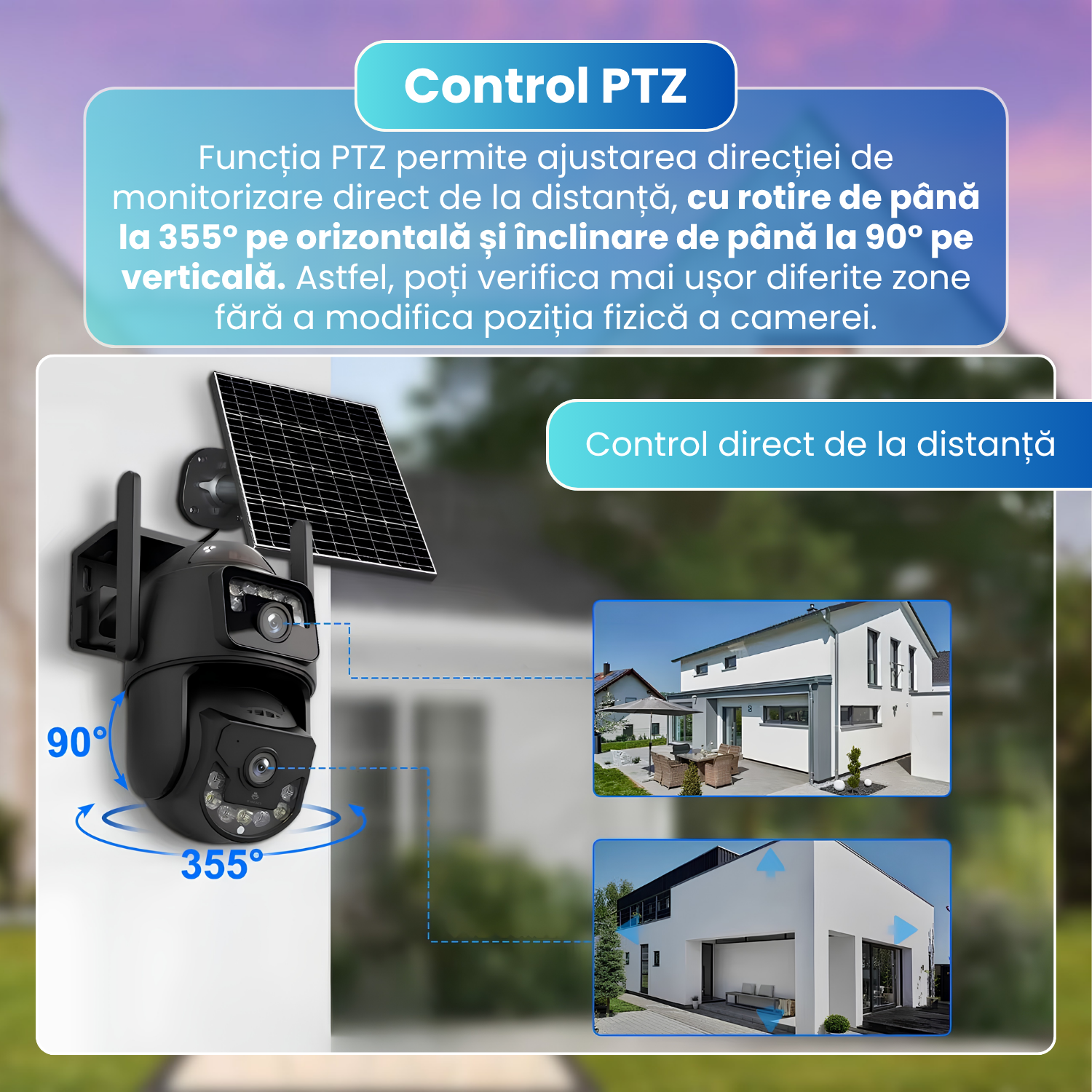 Camera de supraveghere exterior 4G, Dual Lens 6MP, IP66, panou solar, baterie 9000mAh, PTZ 355°, detectare persoane AI, vedere nocturna color, audio bidirectional, negru