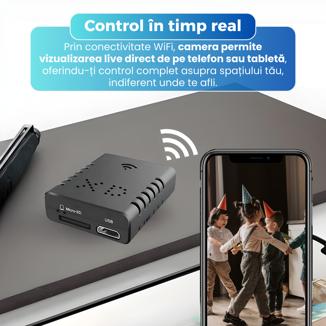 Mini camera ascunsa WiFi 4K,  monitorizare in timp real, detectare miscare, viziune nocturna, control prin aplicatie, design compact si discret, negru