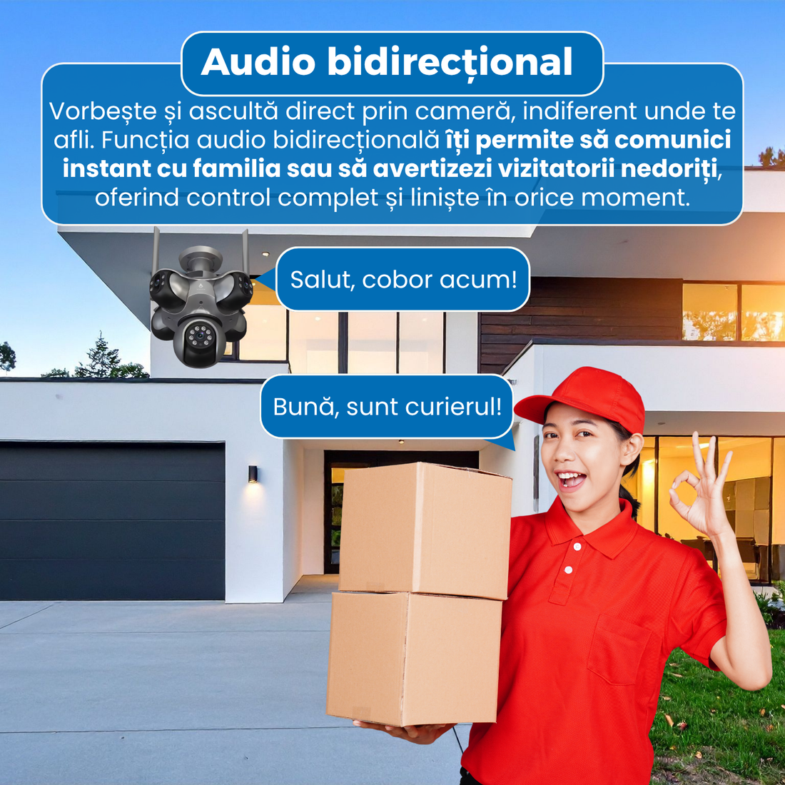 Camera de supraveghere exterioara, 8K Ultra HD, 5 lentile, viziune nocturna color, detectie umana, urmarire automata, audio bidirectional, IP66, Wi-Fi, stocare card si cloud