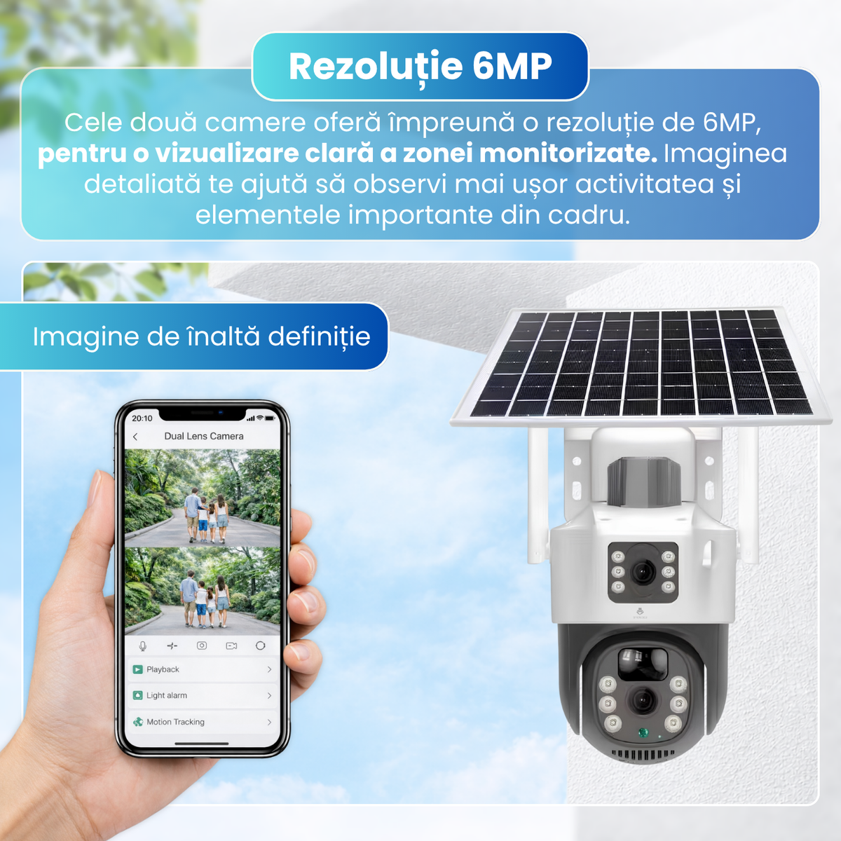 Camera supraveghere 4G cu panou solar, 6MP, PTZ 340°, urmarire automata, detectare PIR, vedere nocturna color si IR, audio bidirectional, baterie 8000mAh, IP65, alb